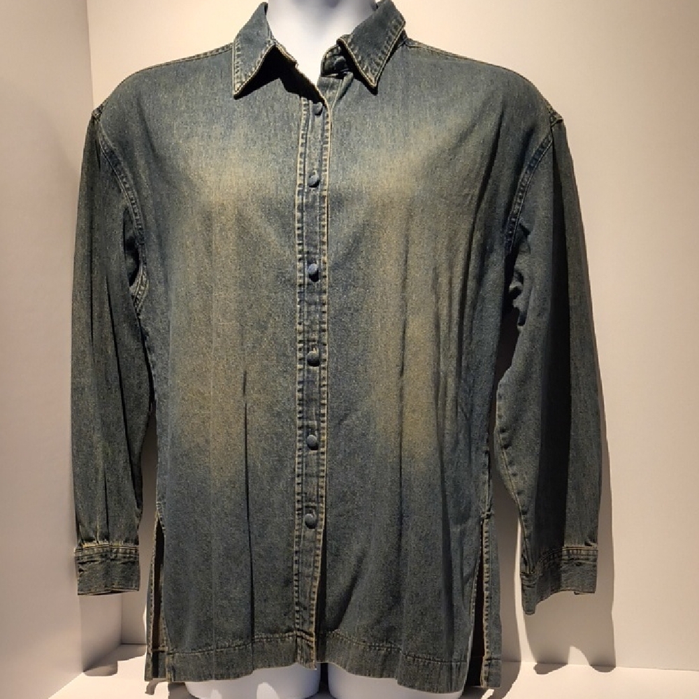 Newport News Vintage Denim Tunic Button-Up Long Sleeve Top 12 Worn Dark Blue